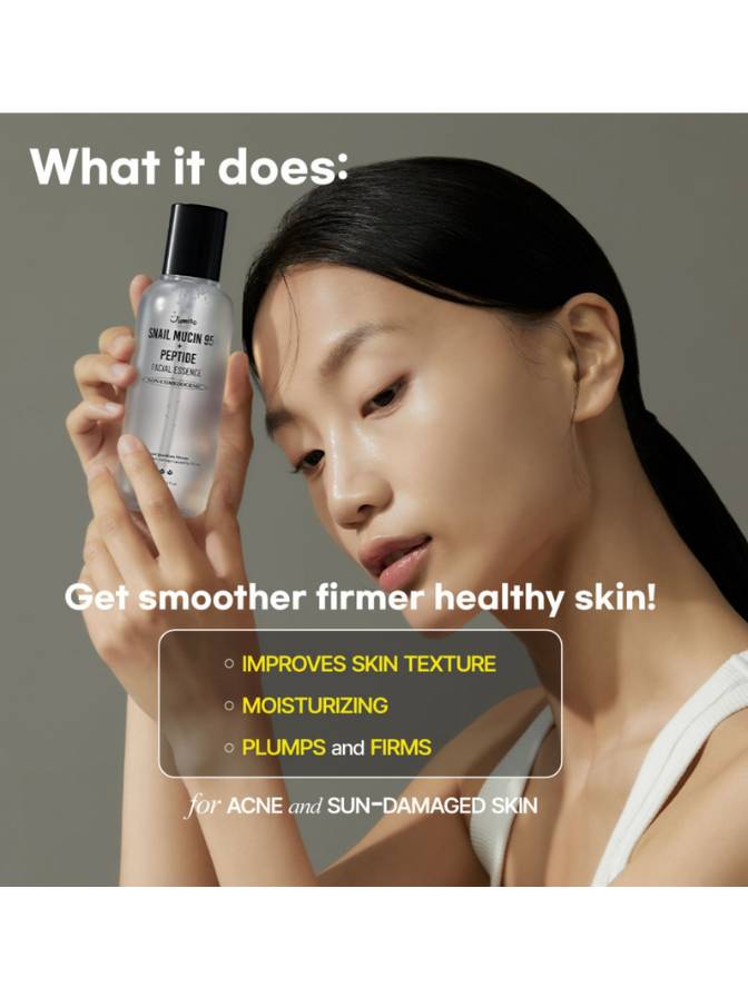 Woman holding a skincare bottle with text about skin benefits on a gray background