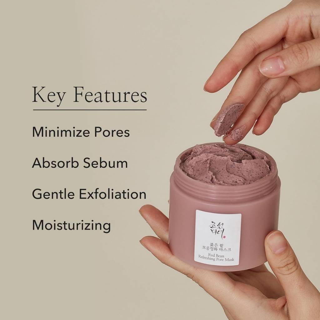 “Flat lay of Beauty of Joseon Red Bean Pore Mask with red beans and skincare tools – detoxifying Korean mask”
