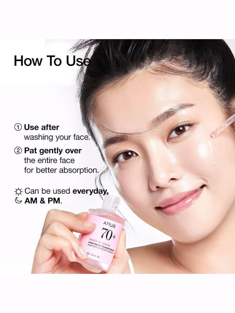 Woman holding a skincare product with usage instructions on a white background