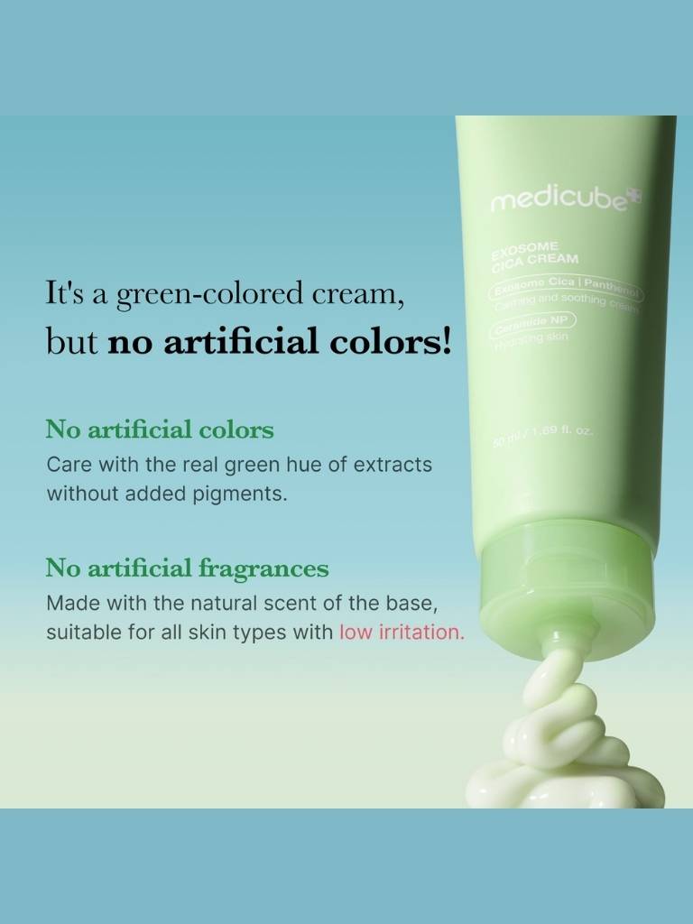 Green-colored cream tube with text highlighting natural ingredients on a blue background