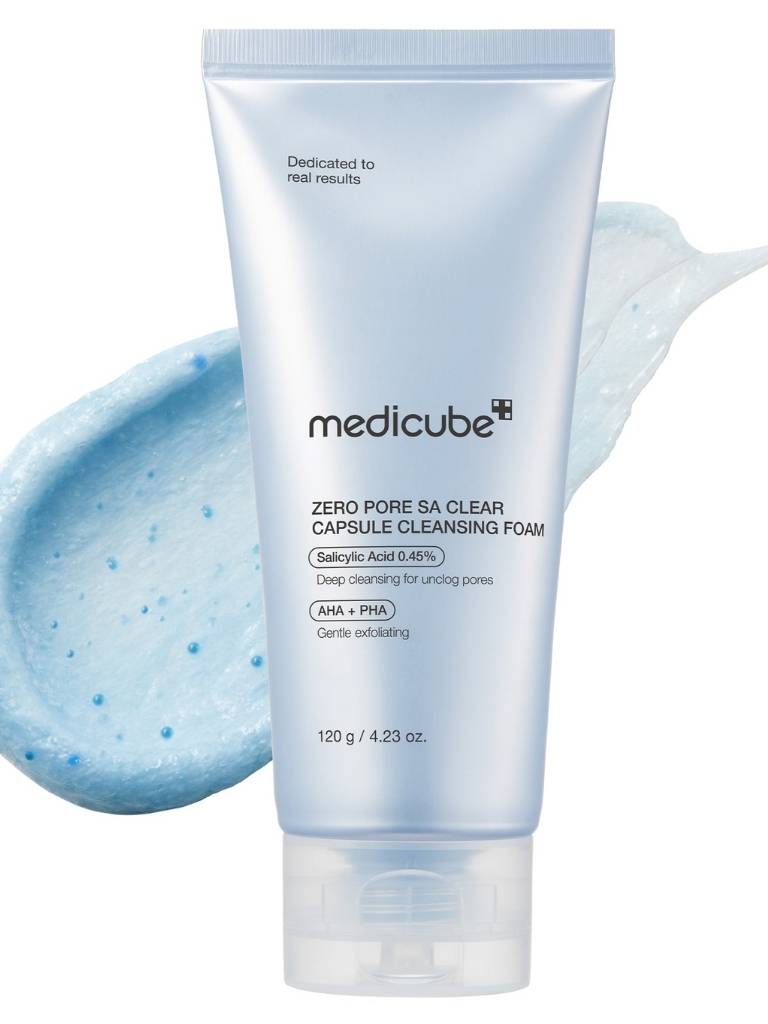 Tube of Medicube Zero Pore SA Clear Capsule Cleansing Foam with blue cleansing foam on a white background