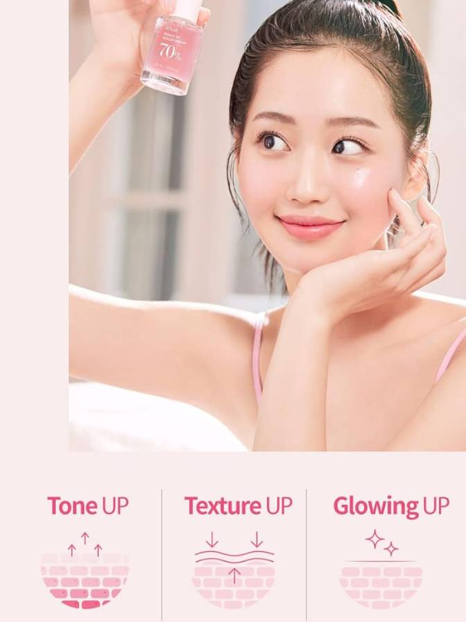 Woman applying skincare product with text indicating 'Tone UP', 'Texture UP', and 'Glowing UP'.