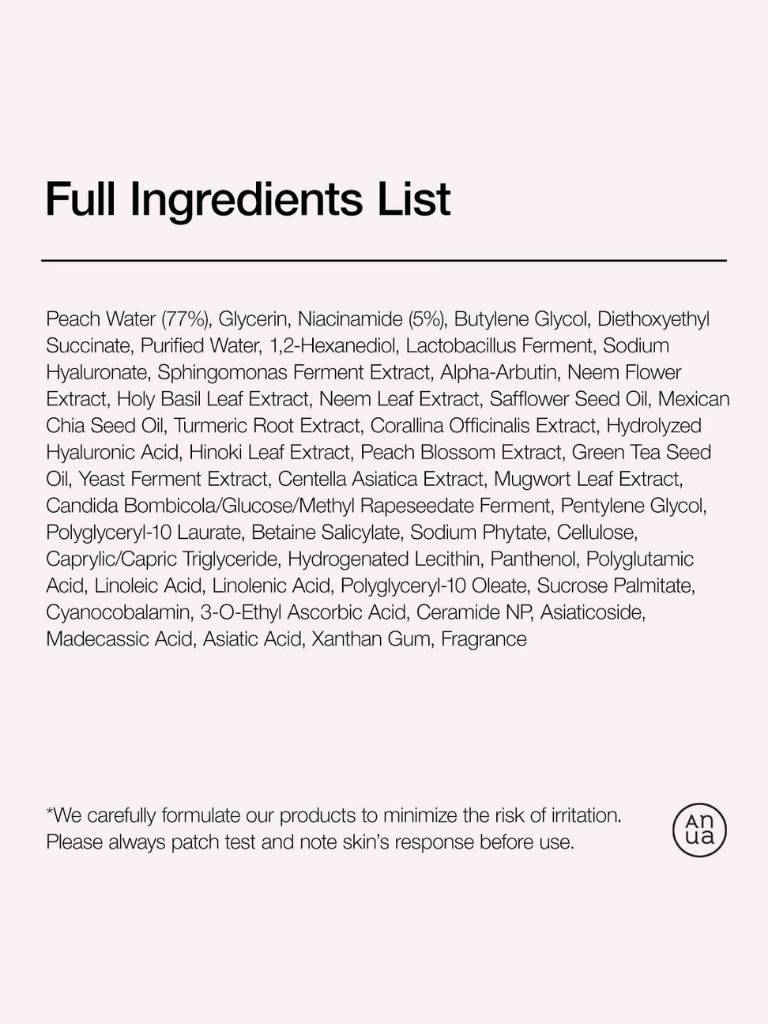 Full ingredients list of a skincare product on a white background