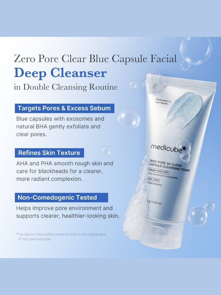 Tube of medicube Zero Pore Clear Blue Capsule Facial Deep Cleanser on a blue background with text about product benefits.