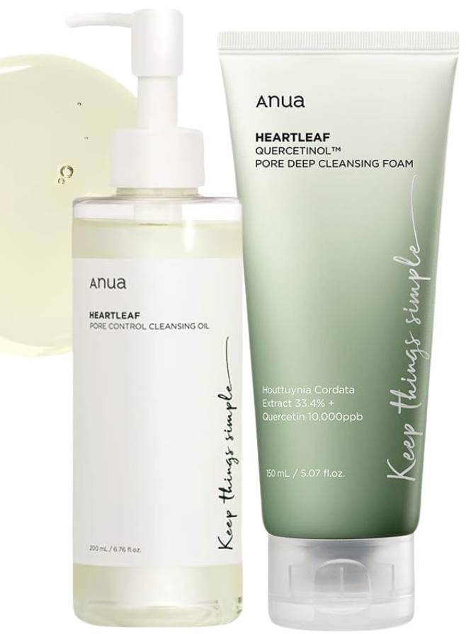 Anua Pore Control Cleansing Oil & Foam skincare products including a bottle and a tube on a white background