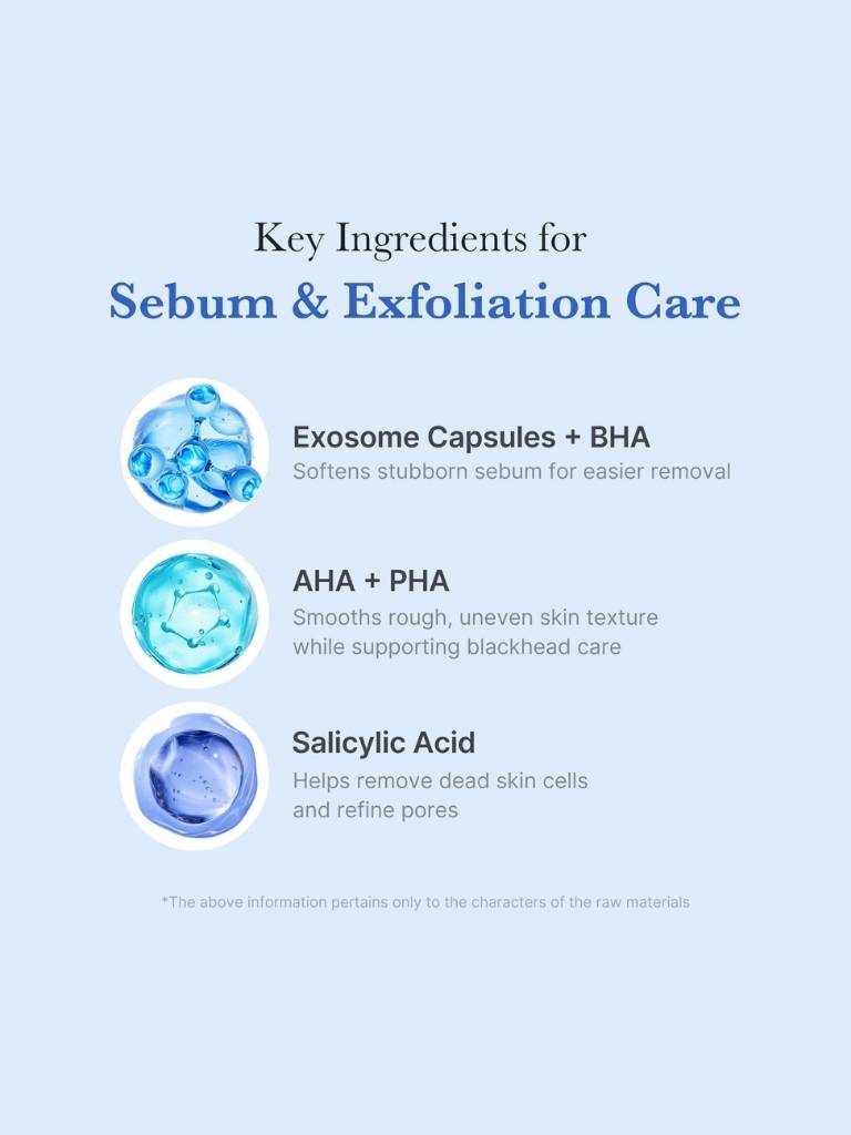 Key ingredients for sebum and exfoliation care on a light blue background