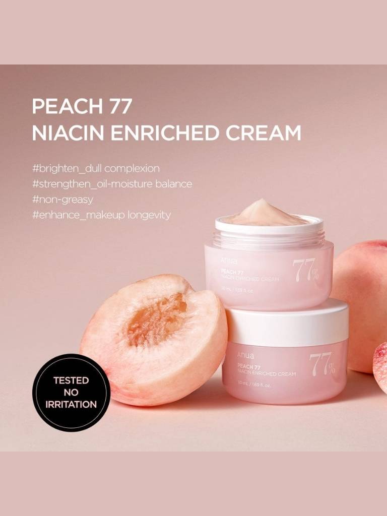 Peach 77 Niacin Enriched Cream with peach slices on a light pink background