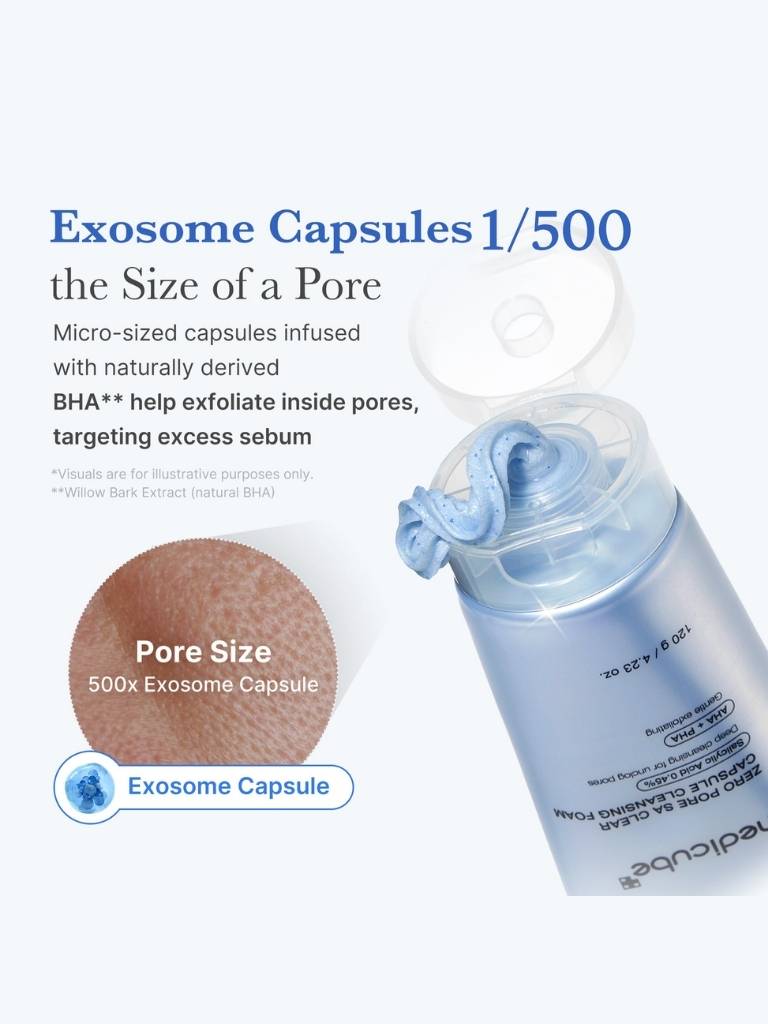 Exosome Capsules packaging with a bottle and a close-up of a pore, on a light blue background.