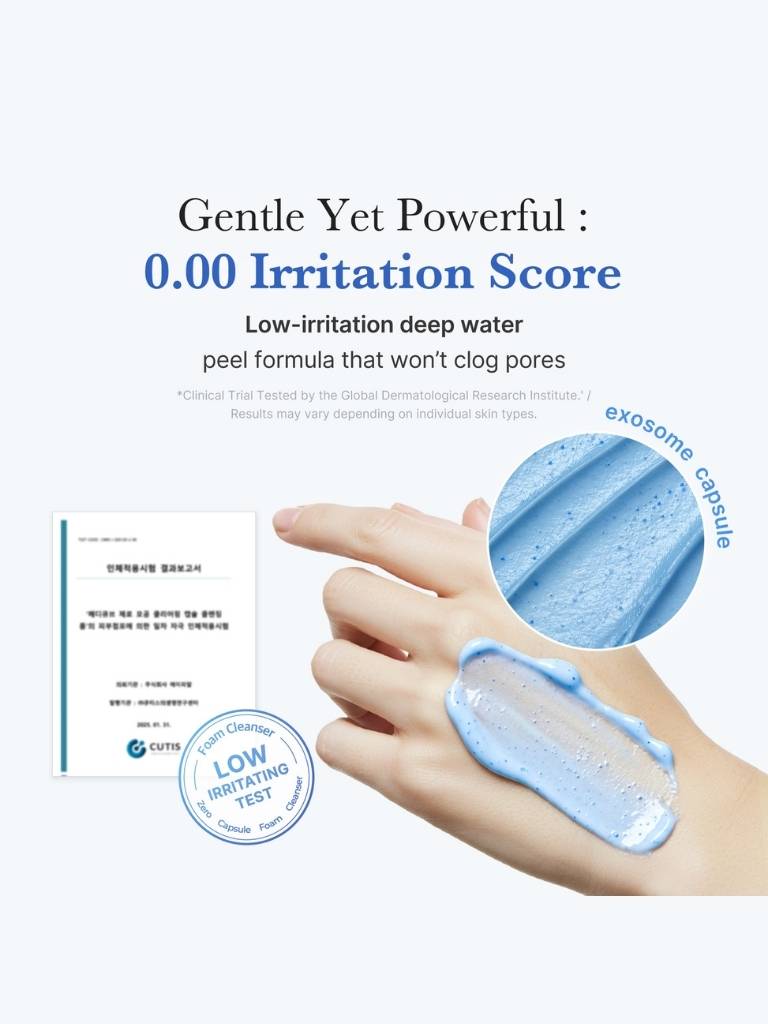 Product packaging with a hand applying a blue gel, labeled 'Gentle Yet Powerful' with low-irritation score.