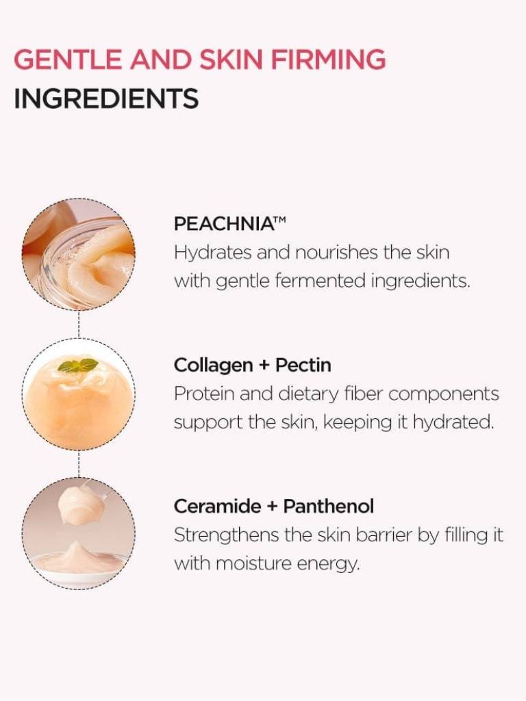 Gentle and skin firming ingredients with peach color scheme on a white background
