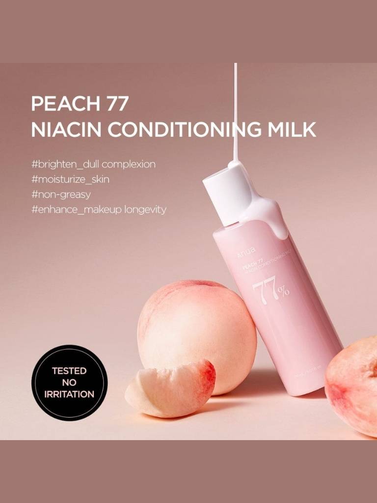 Pink bottle of Peach 77 Niacin Conditioning Milk with peach slices on a beige background