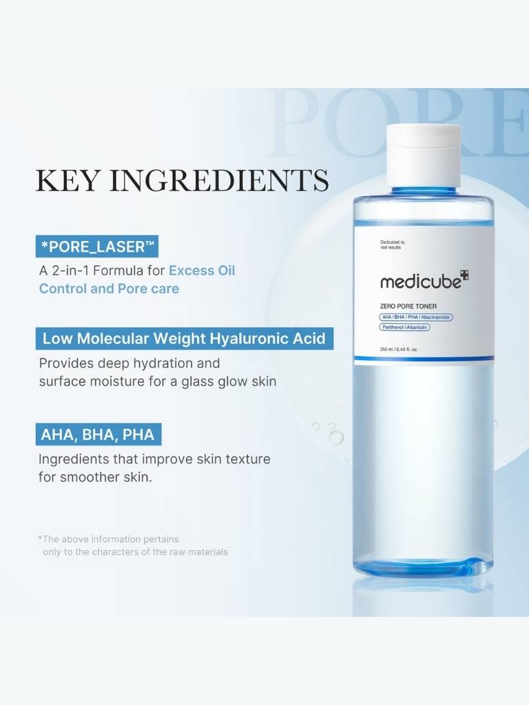 Medicube toner bottle with key ingredients listed on a light blue background