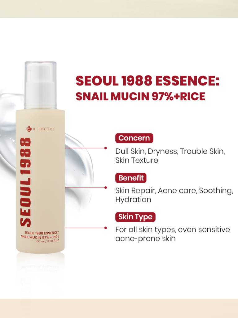 Seoul 1988 Essence bottle with text about snail mucin and rice ingredients on a white background