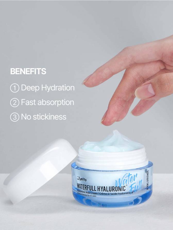 Jar of Waterfull Hyaluronic cream with a hand touching it, on a gray background