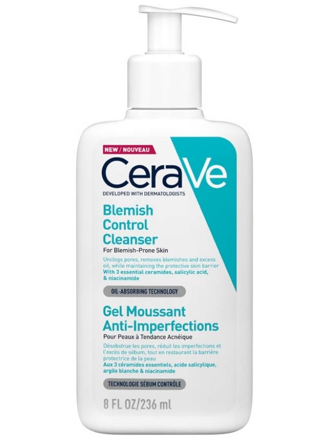 CeraVe blemish control cleanser bottle on a white background