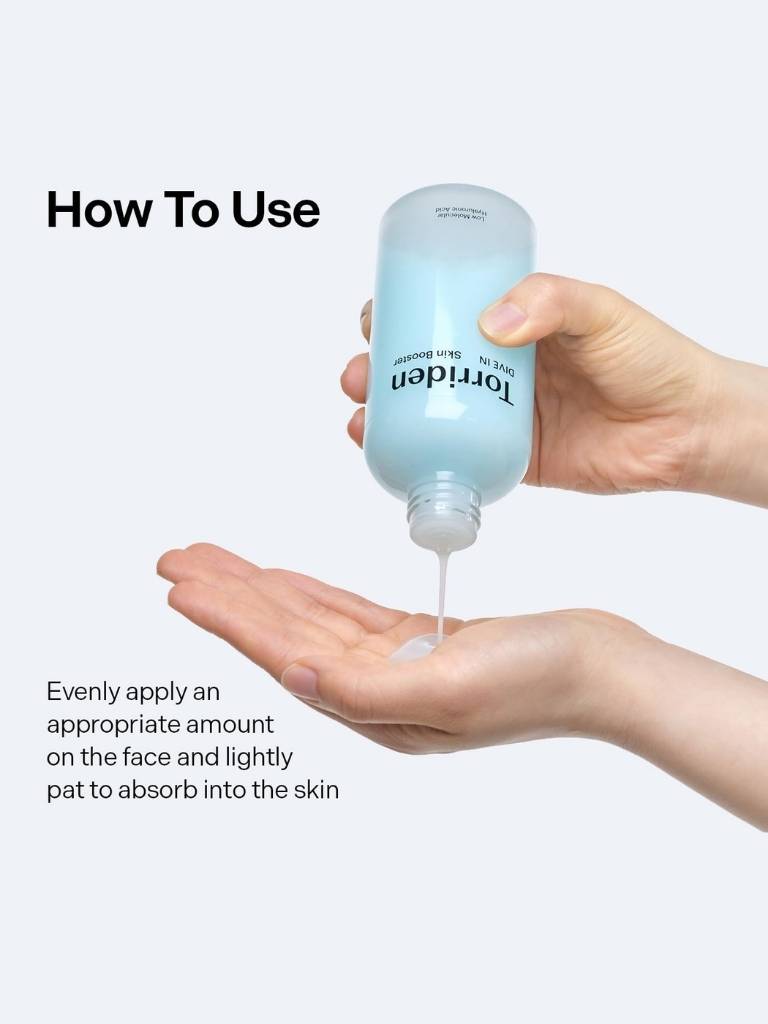 Hand holding a bottle of Torriden product with text on how to use it.