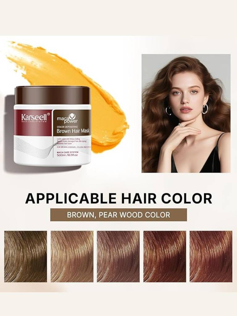Karseell hair mask with a woman and color swatches on a beige background