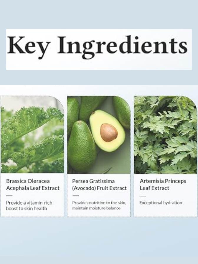 Key ingredients with images and descriptions on a light blue background