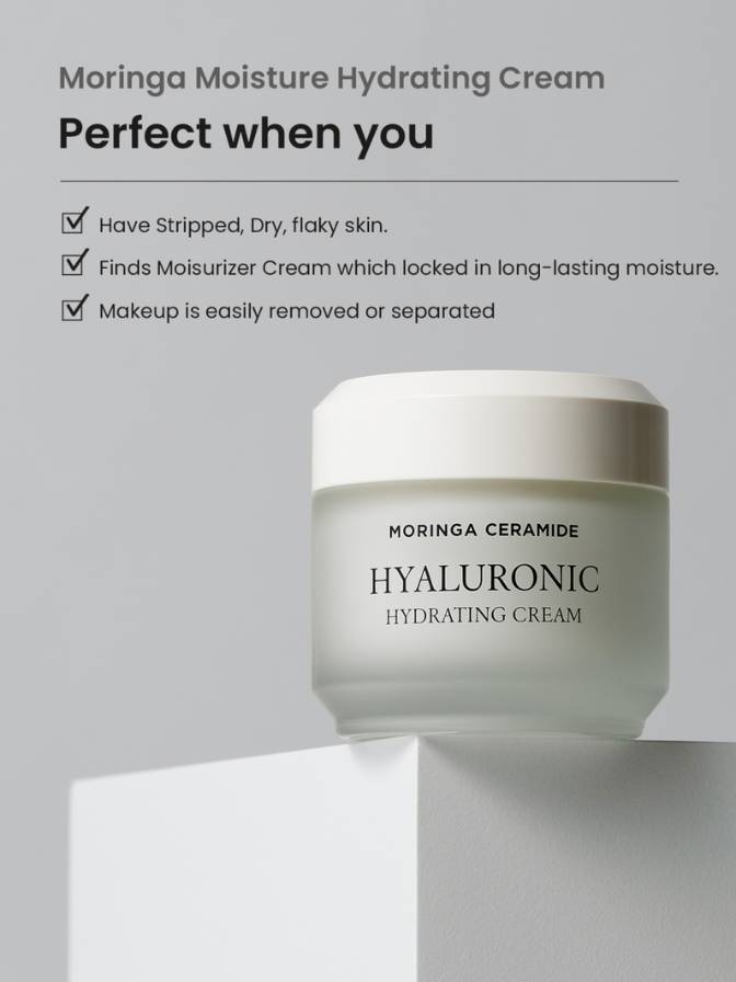 Moringa Ceramide Hyaluronic Hydrating Cream jar on a gray background with text about skin conditions it addresses.