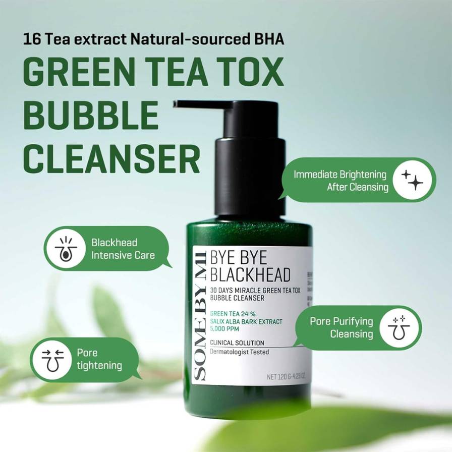 Green tea bubble cleanser bottle with text on a light green background