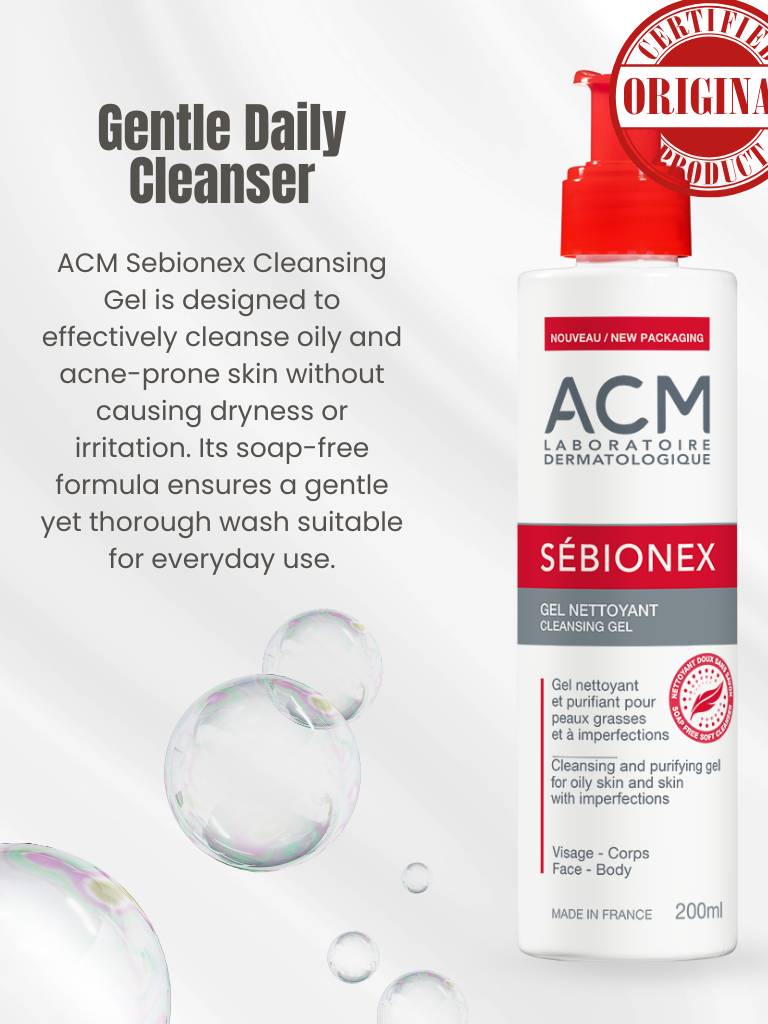 ACM Sebionex Cleansing Gel packaging with product description on a white background