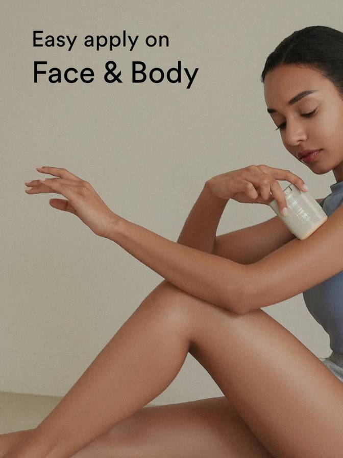 Woman applying a product to her arm with text 'Easy apply on Face & Body' on a beige background