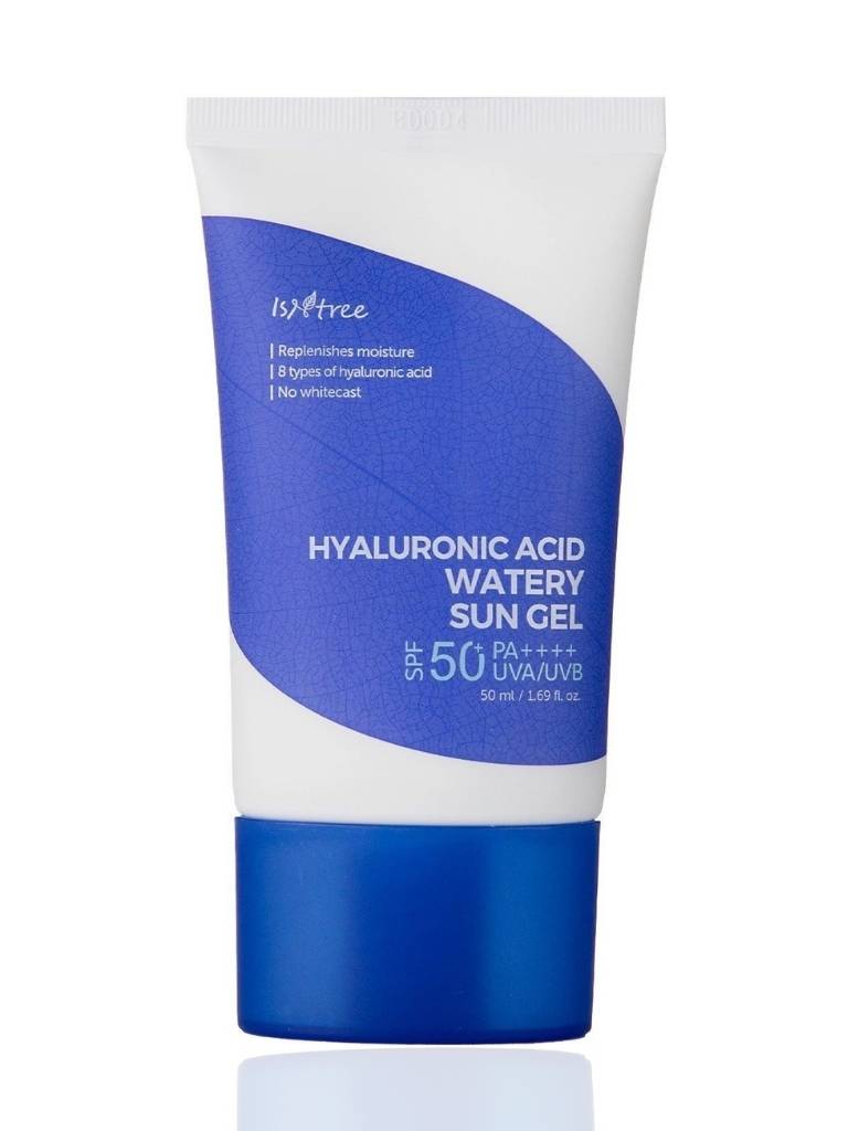 Tube of IsnTree Hyaluronic Acid Watery Sun Gel with SPF 50 on a white background