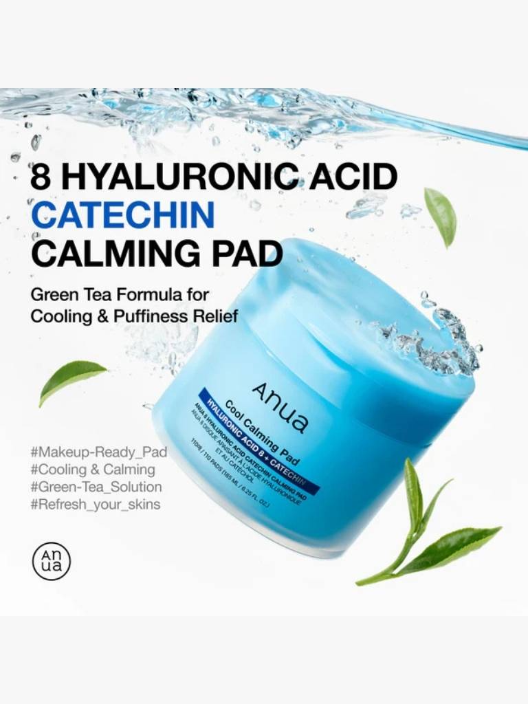 Anua hyaluronic acid cool calming pad with green tea formula on a white background