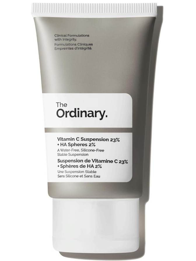 Tube of 'The Ordinary' Vitamin C Suspension 23% + HA Spheres 2% on a white background