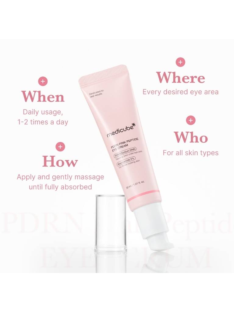 Pink eye cream tube with usage instructions on a white background