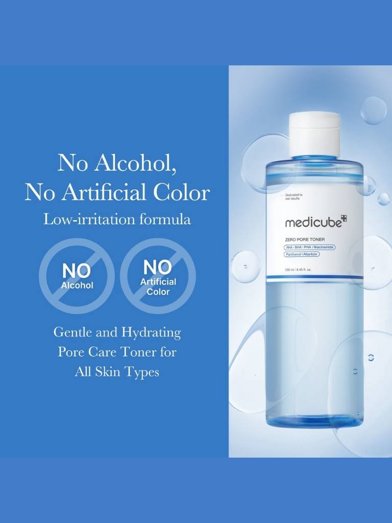Medicube toner bottle with blue background and text highlighting features