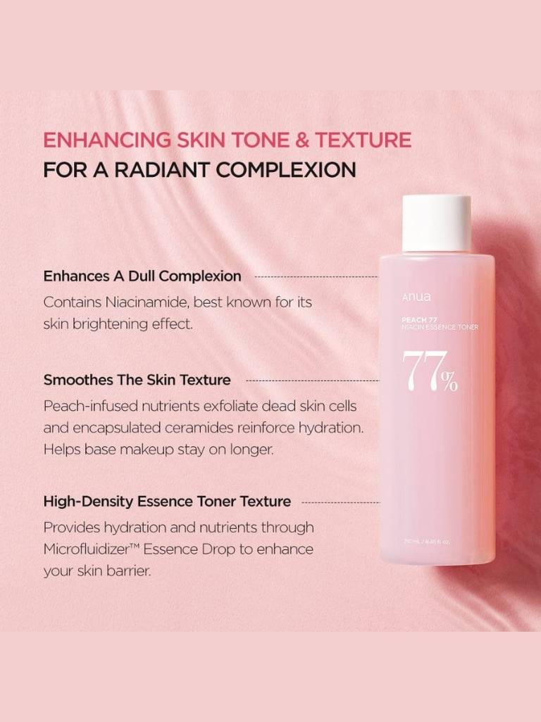 Pink skincare bottle with text on a pink background