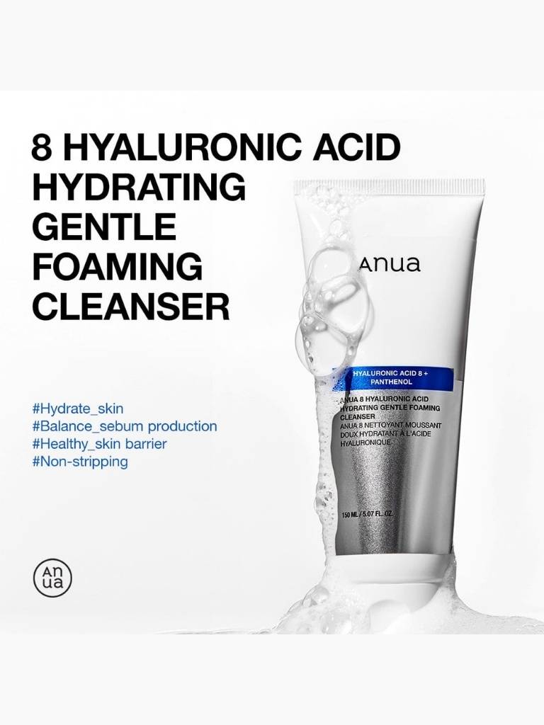 Anua hyaluronic acid hydrating gentle foaming cleanser with text on a white background