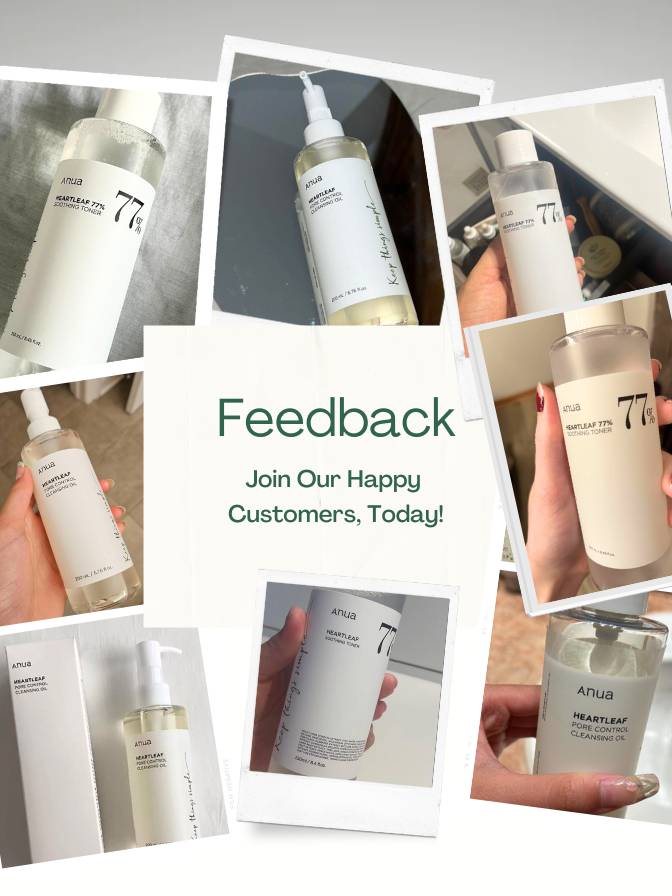 Anua Heartleaf Defense Duo of skincare product bottles with 'Feedback' text inviting customers to join.