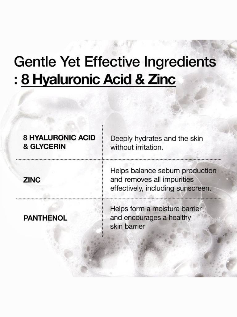 Product label with ingredients including hyaluronic acid, zinc, and panthenol on a white background.
