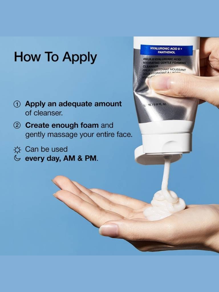 Tube of cleanser being applied to a hand with text on how to apply it against a blue background