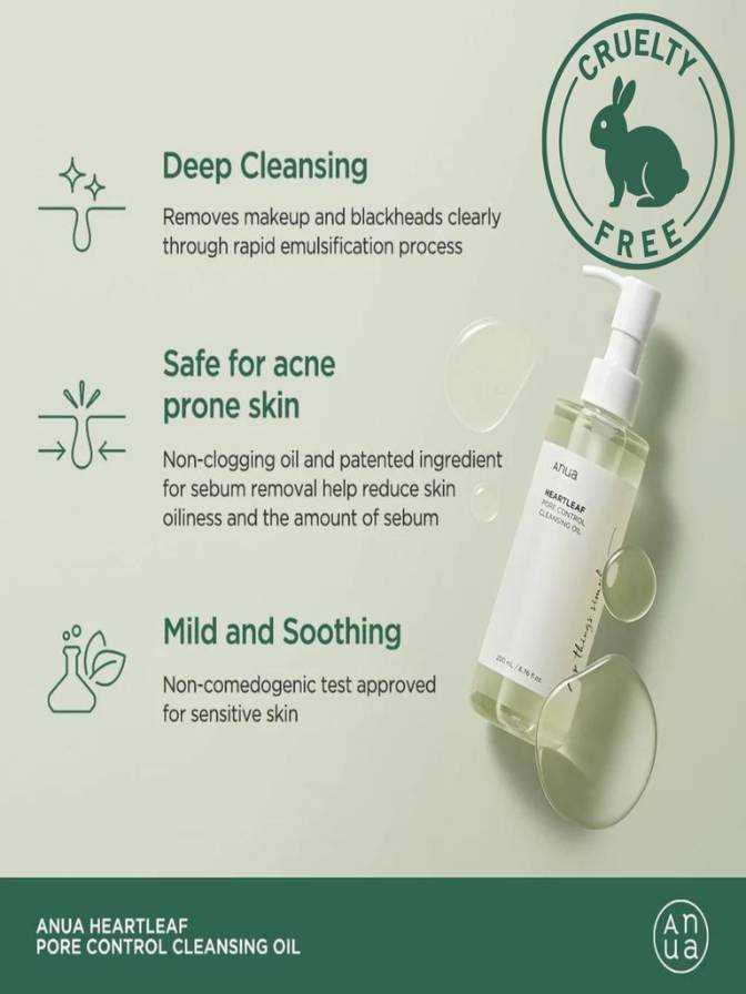 Anua Heartleaf pore control cleansing oil with product features and cruelty-free label on a green background