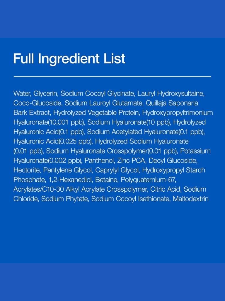 Full ingredient list on a blue background