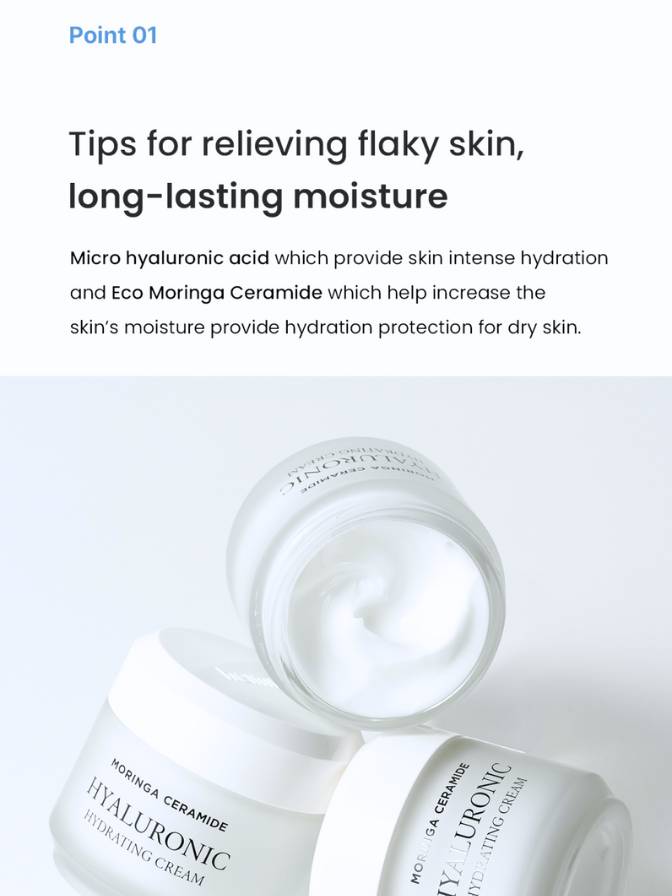 Two jars of Moringa Ceramide Hyaluronic Cream on a light gray background with text about skin care tips.