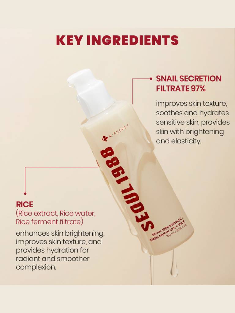 Skincare product with key ingredients highlighted on a beige background