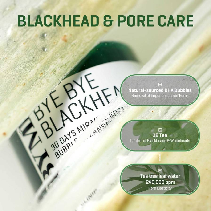 Product packaging for 'Bye Bye Blackhead' with text about blackhead and pore care.