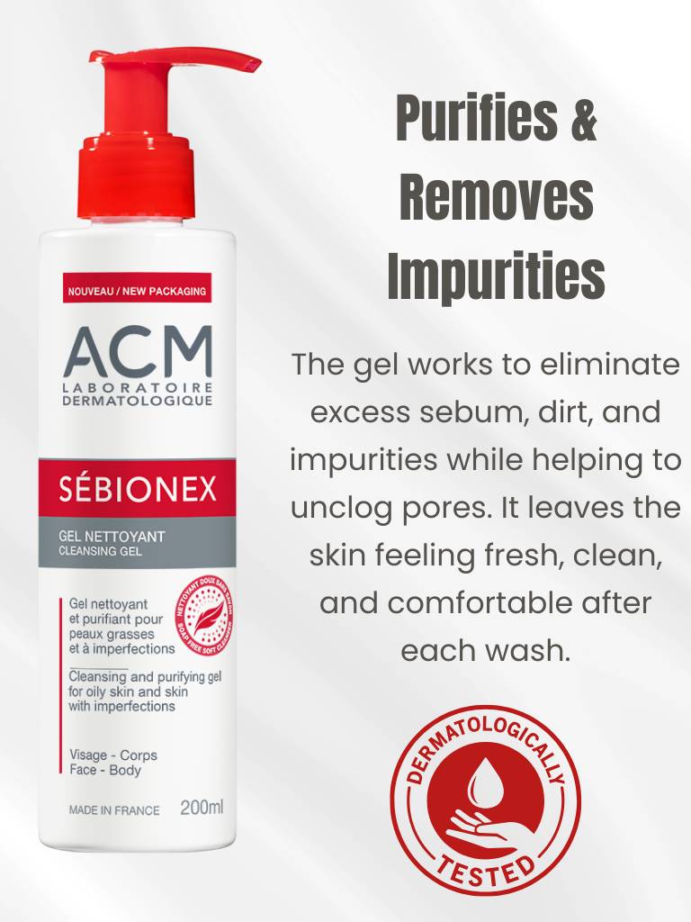 ACM Sebionex cleansing gel with text on a white background