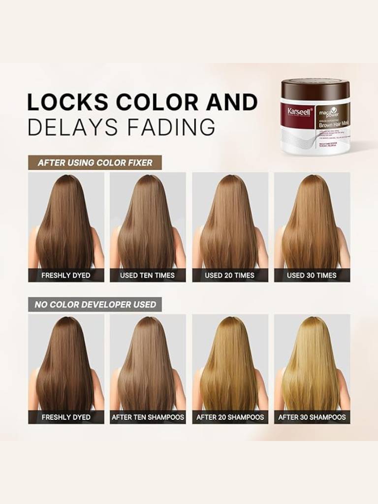 Illustration of hair color changes over time with a product container labeled 'Color Fixer'.
