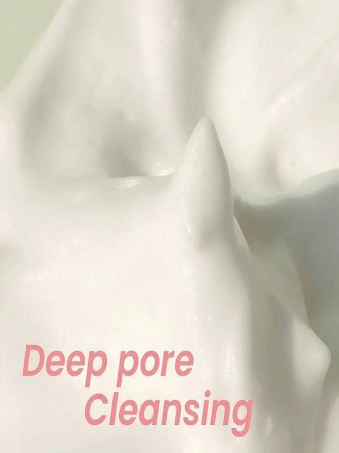 White fabric with 'Deep pore Cleansing' text in pink on a light green background