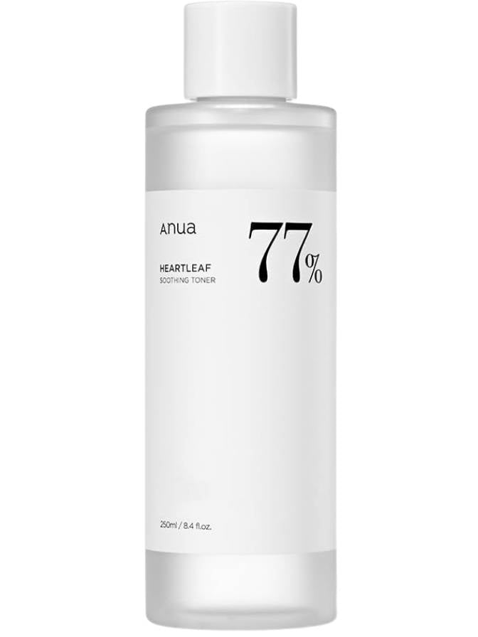 Clear bottle of anua Heartleaf Soothing Toner on a white background