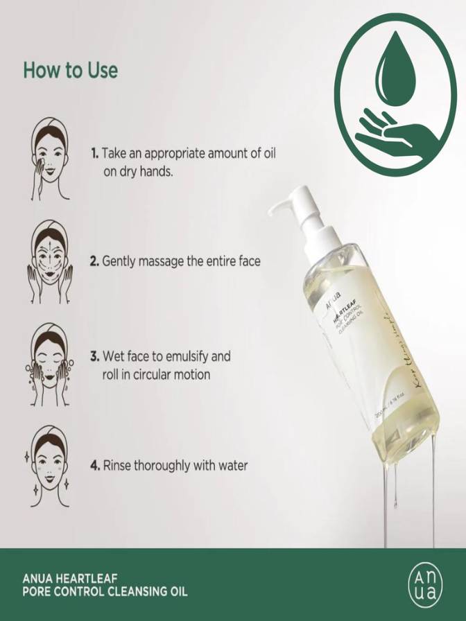 Instructions on how to use a cleansing oil with a bottle and step-by-step illustrations.