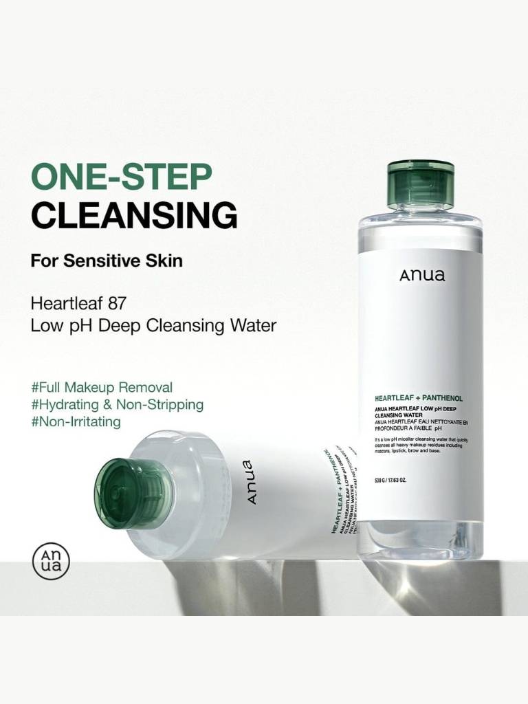 Two bottles of Anua cleansing water on a white background with product details.