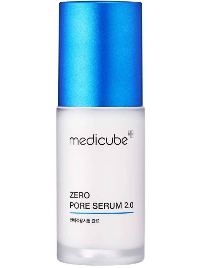Medicube Zero Pore Serum 2.0 bottle with blue cap on a white background