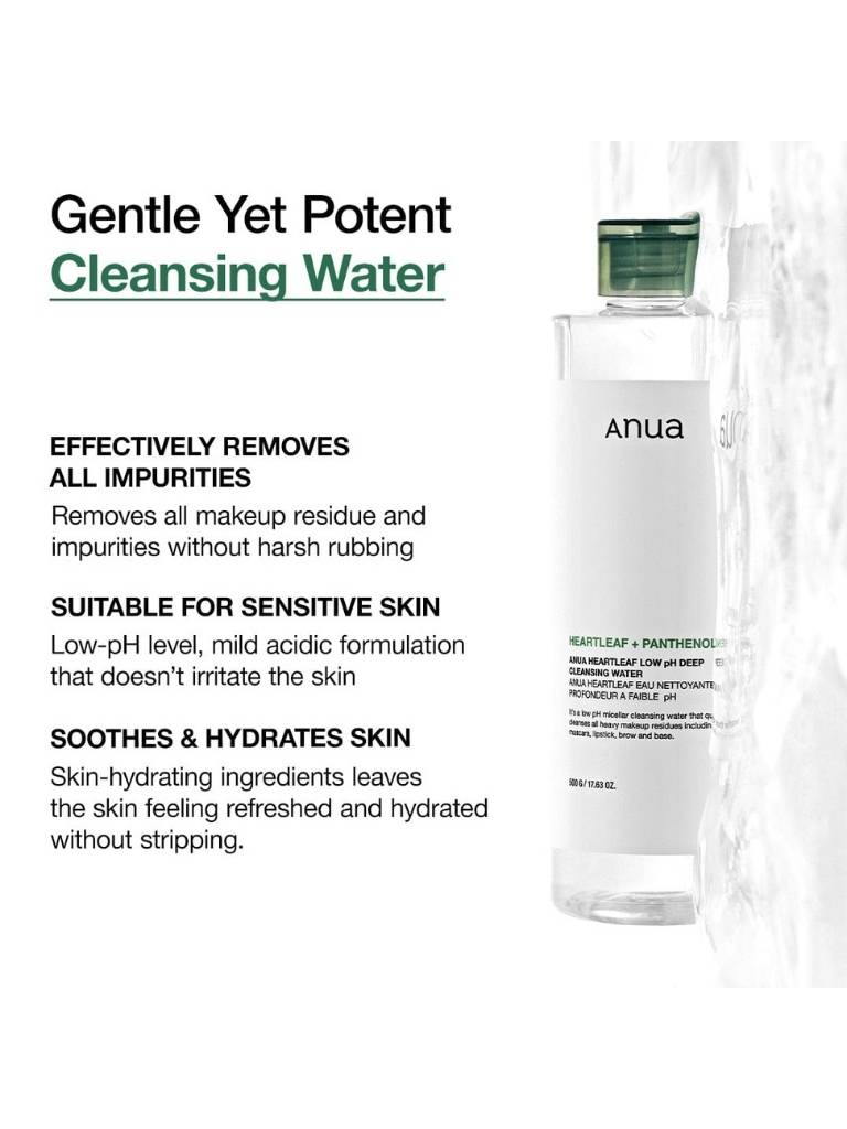 Anua Gentle Yet Potent Cleansing Water bottle with product description text on a white background