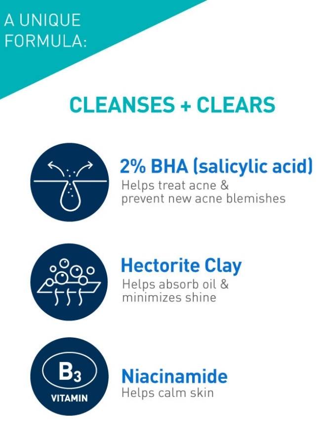 Product features with BHA, Hectorite Clay, and Niacinamide on a white background